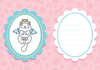Pink baby card. Cute card with an angel kitten on pink floral background. Some blank space for your text included.