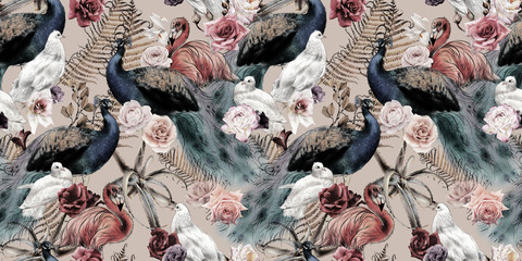 Seamless floral pattern with birds, watercolor.