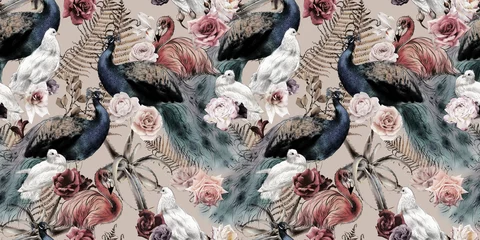 Behang Rozen Naadloze bloemmotief met vogels, aquarel.