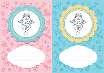 Cute baby cards. Baby-girl and baby-boy cards with angel kittens on floral background. Some blank space for your text included.