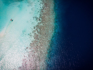 coral reefs tropical sea with blue and turquoise colors seen from above by drone - Maldives islands