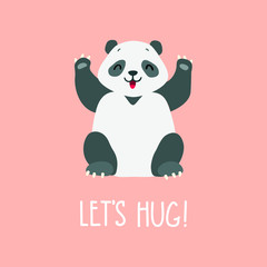 Let's hug! Cartoon illustration of cute baby panda with hand written inspirational quote. vector 8 EPS