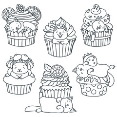  Set of kittens and cupcakes. Back and white doodle illustration of a cute little kittens with cupcakes isolated on white. Vector 8 EPS.