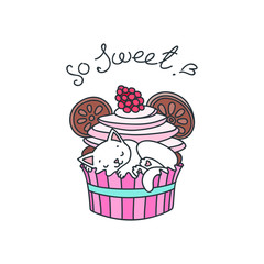 So sweet! Cute illustration of a little white kitten sleeping in a cupcake isolated on white. Vector 8 EPS.