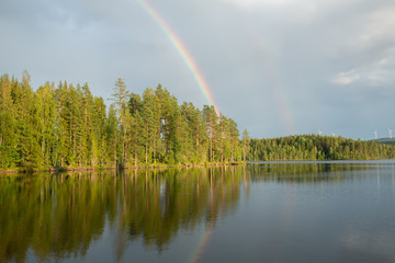 Rainbow after rain over a swedish lake