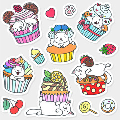 Set of cute stickers. Illustration of funny white cats with cupcakes. Vector 8 EPS
