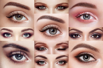 Fototapety  Kolaż kobiecych oczu z ekstremalnie długimi rzęsami. Przedłużanie rzęs. Makijaż, kosmetyki, uroda. Zbliżenie, Makro