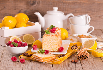 Lemon sponge cake with pomegranate.	
