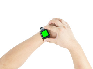 hands man asian and finger pointing on smart watch green screen, isolated on white background, copy space for text