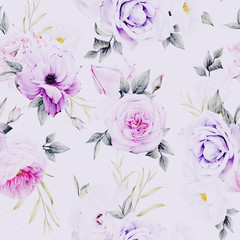 Fototapety  Kwiatowy wzór z kwiatami na jasnym tle, akwarela. Projekt szablonu do tekstyliów, wnętrz, ubrań, tapet. Sztuka botaniczna