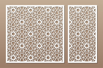 Set decorative card for cutting. Line, arabesque, Arab pattern. Laser cut. Ratio 1:1, 1:2. Vector illustration.