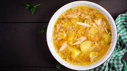 Chicken soup with potatoes and buckwheat. Top view