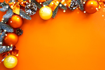 Christmas composition. Background orange colors with decorations. Christmas, winter, new year...