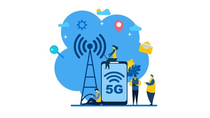 	 5G network wireless technology with Tiny People Character Concept Vector Illustration, Suitable For web landing page,Wallpaper, Background, Card, banner,Book Illustration