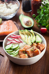 Poke bowl, traditional Hawaiian raw fish salad