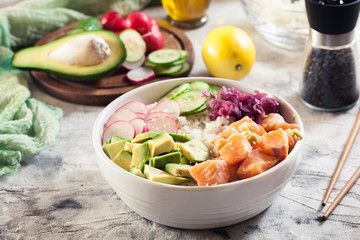 Poke bowl, traditional Hawaiian raw fish salad
