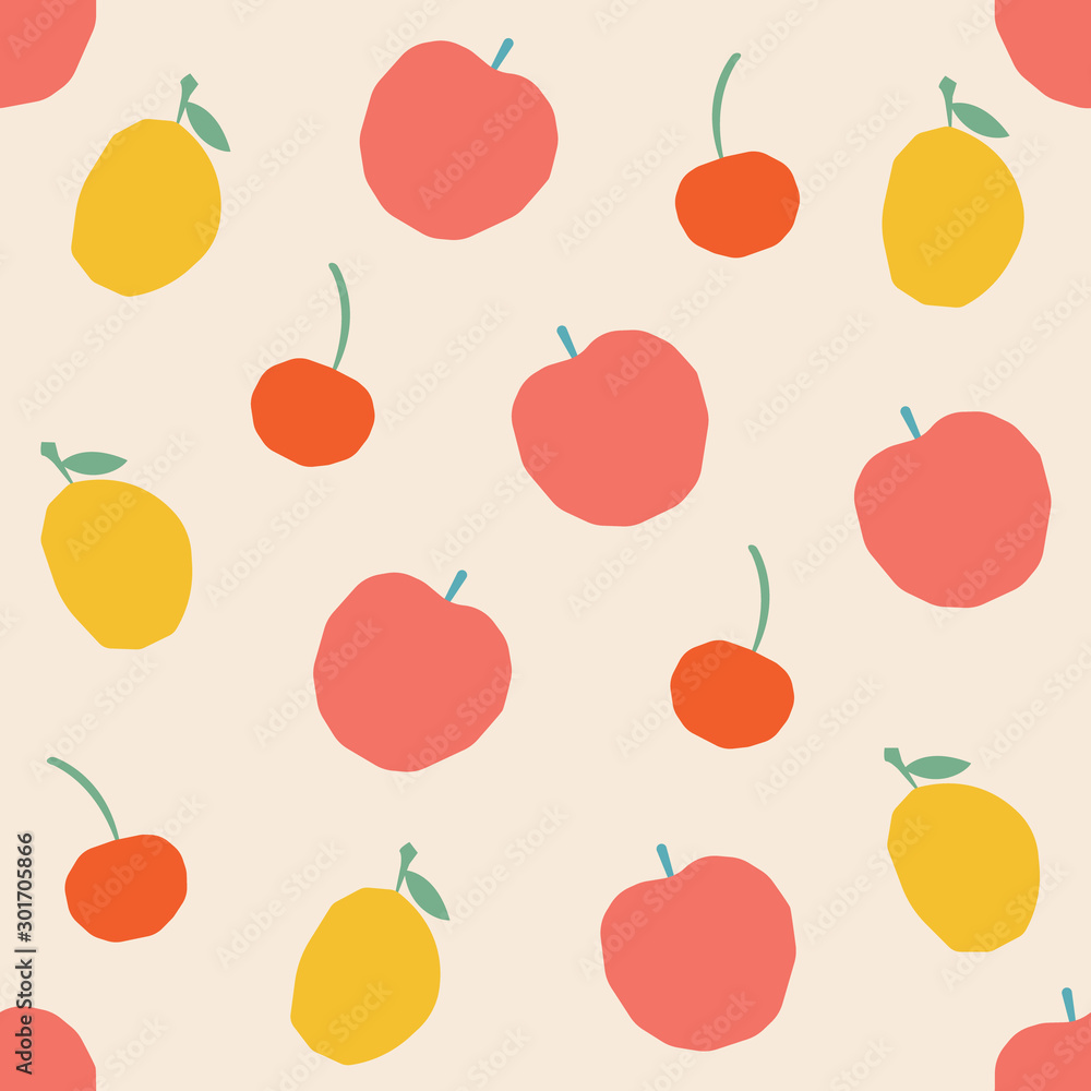 Poster fruit seamless pattern. seamless pattern with cherry, apple, lemon. seamless vector background.