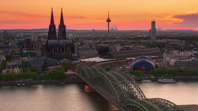 cologne time lapse sunset to night from high point of view aerial