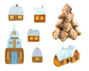 Christmas gingerbread - houses, church, Christmas tree. Watercolor hand drawing illustration isolated on white background.