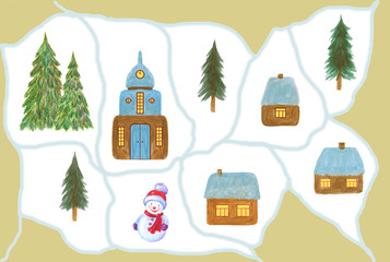 Set of winter elements - home, snowman, christmas tree, church, snow. Watercolor hand drawing illustration isolated on white background