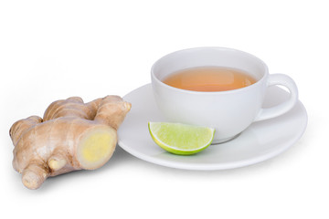 Hot ginger tea with lime and ginger root isolated on white background with clipping path.