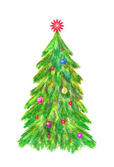 Spruce tree. Christmas tree and decorations. Watercolor hand drawing illustration isolated on white background.