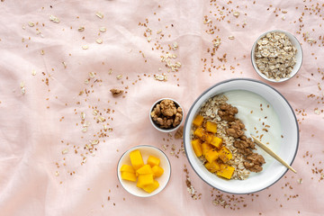 Bowl of homemade granola with yogurt and cereals