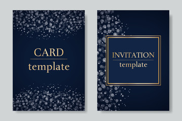 Wedding Invitation universe set in navy blue with stars, thank you, save the date card design, night sky, space elegant rustic baskground, vector.