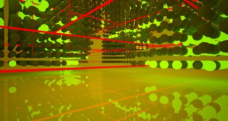 Abstract architectural concrete smooth interior from an array of spheres with color gradient neon lighting. 3D illustration and rendering.