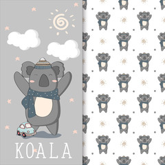 Hand drwan illustration of cute koala with seamless pattern © Maryam Hamila