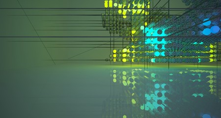 Abstract architectural drawing white interiorfrom an array with color gradient neon lighting. 3D illustration and rendering.