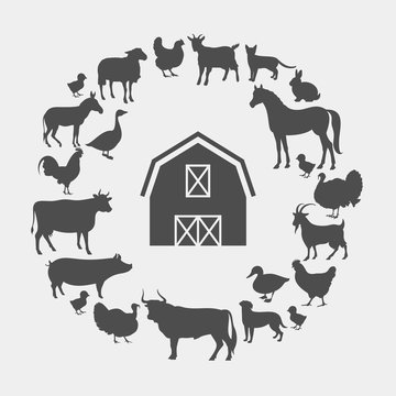 Farm animals silhouettes. Horse, cow, sheep, bull, donkey, pig, goat, rabbit, cat, dog, goose, chicken, duck, rooster, turkey vector silhouettes
