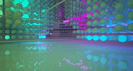 Abstract architectural drawing white interiorfrom an array with color gradient neon lighting. 3D illustration and rendering.