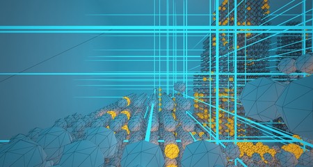 Abstract architectural drawing white interiorfrom an array with color gradient neon lighting. 3D illustration and rendering.