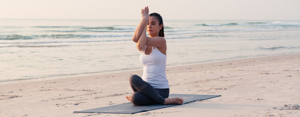 Yoga woman doing exercise in the morning, wellness lifestyle people.
