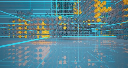 Abstract architectural drawing white interiorfrom an array with color gradient neon lighting. 3D illustration and rendering.