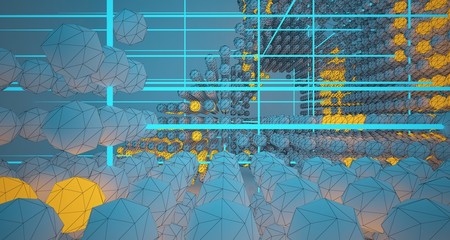 Abstract architectural drawing white interiorfrom an array with color gradient neon lighting. 3D illustration and rendering.