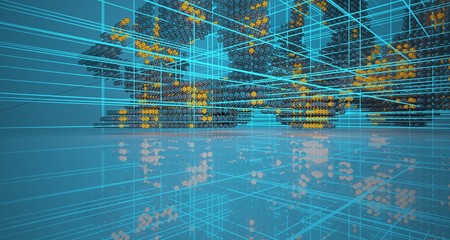 Abstract architectural drawing white interiorfrom an array with color gradient neon lighting. 3D illustration and rendering.