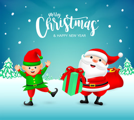 Cute Santa Claus holding Christmas Gift box to little elf. Merry Christmas and happy new year. Vector Iillustration on winter lanscape background.