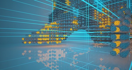 Abstract architectural drawing white interiorfrom an array with color gradient neon lighting. 3D illustration and rendering.