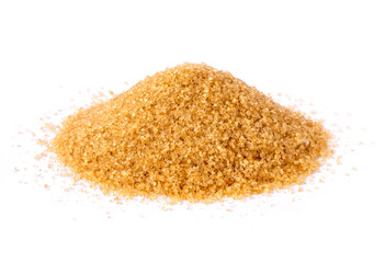 Closeup pile of granulated brown sugar  isolated on white background. Unhealthy diet ,awareness and...
