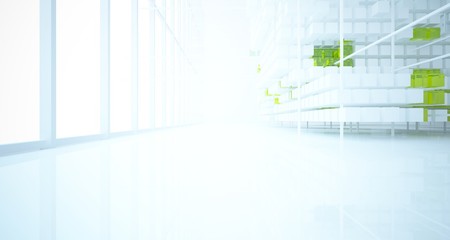 Abstract white and colored gradient glasses interior from an array of cubes with window. 3D illustration and rendering.