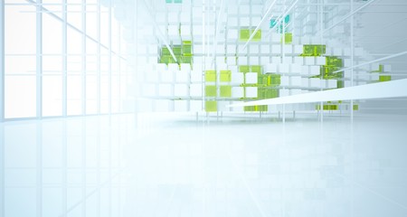 Abstract white and colored gradient glasses interior from an array of cubes with window. 3D illustration and rendering.