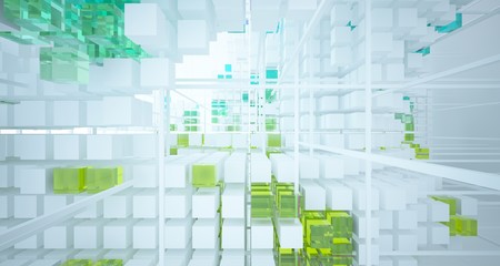 Abstract white and colored gradient glasses interior from an array of cubes with window. 3D illustration and rendering.
