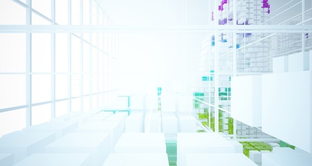 Abstract white and colored gradient glasses interior from an array of cubes with window. 3D illustration and rendering.