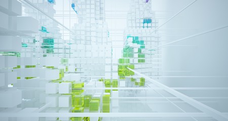 Abstract white and colored gradient glasses interior from an array of cubes with window. 3D illustration and rendering.