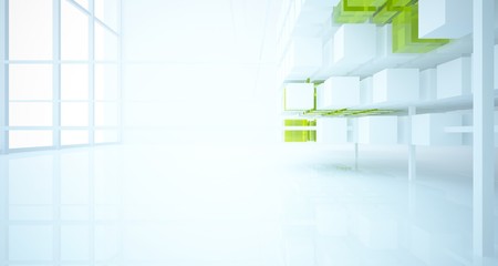 Abstract white and colored gradient glasses interior from an array of cubes with window. 3D illustration and rendering.