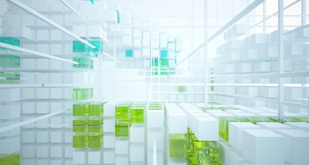 Abstract white and colored gradient glasses interior from an array of cubes with window. 3D illustration and rendering.