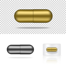Mock up Realistic Pill Medicine Gold and Silver Capsule Panel on White Background Vector Illustration. Tablets Medical and Health Concept.