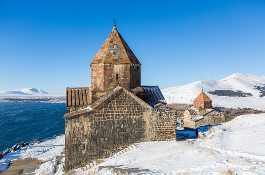 Armenia.Sevan temple complex on  Lake Sevan in winter